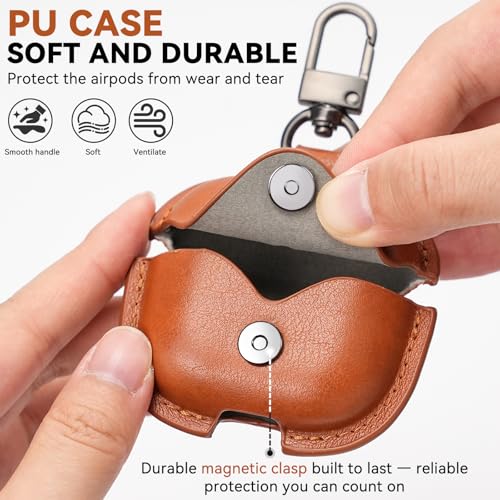 TNSNK for Airpods 4 Case Leather, Magnetic Automatic Lock for Airpods 4 Case with Keychain & Cleaner Kit, Full Protective Leather Case Cover for Apple Airpods 4th Generation 2024, Men Women (Brown) - Image 3