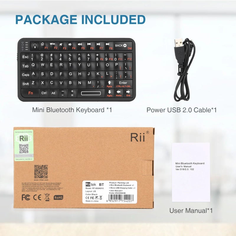 Rii 518bt Wireless Bluetooth Keyboard, English Version, Black - Image 5