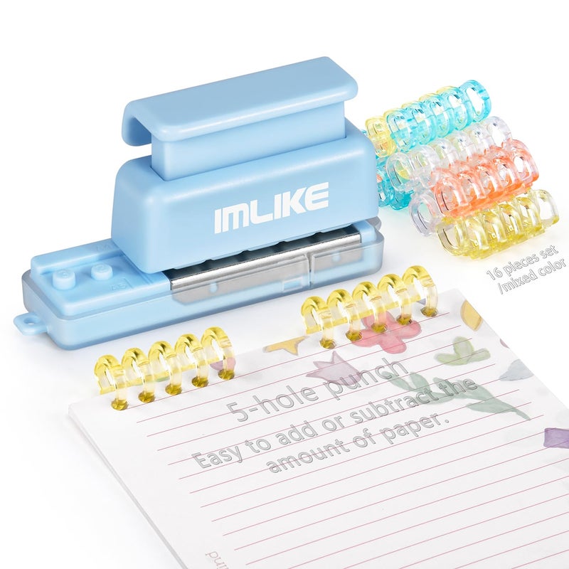 IMLIKE Mini 5-Hole Binding Machine - IMLIKE 5 Holes Binding Machine with 16 Loose-Leaf Binding Strips - Easy to Add or Remove Papers, 4 Sheets Capacity (A4/30 Holes, B5/26 Holes, A5/20 Holes) - Blue - Image 1