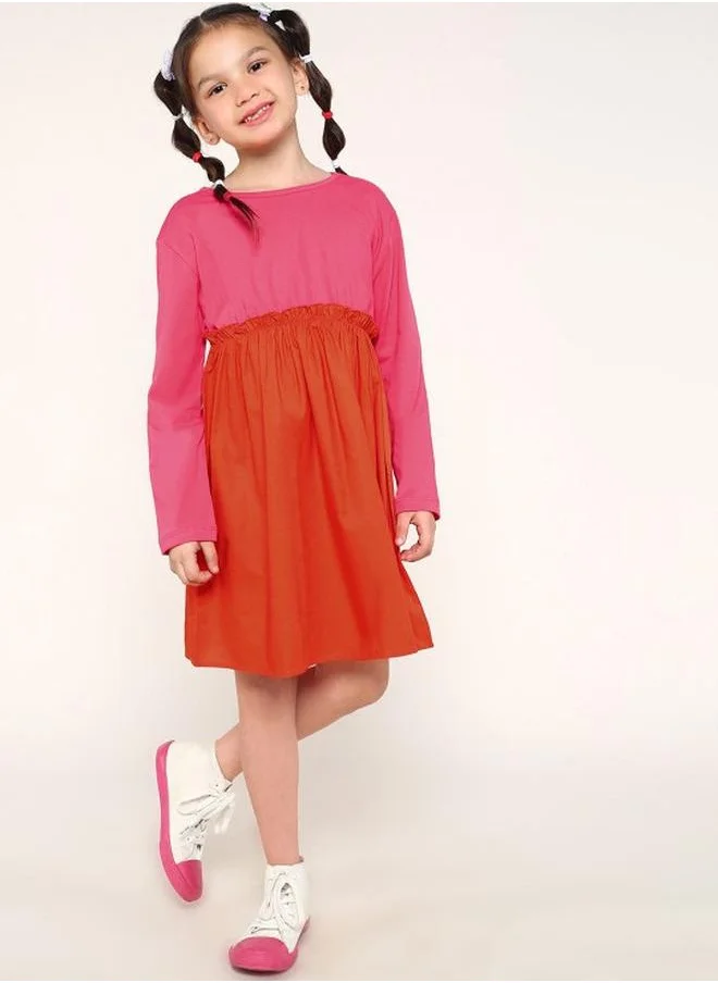 Bonkids Girl's dresses in regular fit orange colour cotton fabric embellished pattern pull over closure woven weave type round collar type round neckline half sleeve length midi full body wear length smock full body wear type suitable for casual occasions – where comfort meets vibrant creativity!