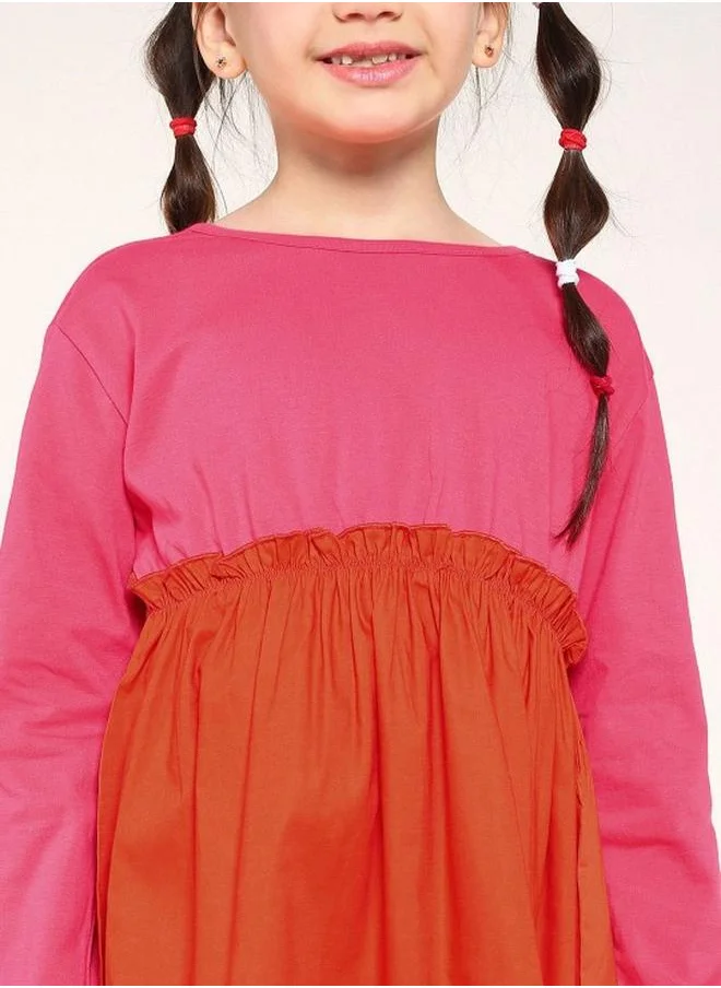 Bonkids Girl's dresses in regular fit orange colour cotton fabric embellished pattern pull over closure woven weave type round collar type round neckline half sleeve length midi full body wear length smock full body wear type suitable for casual occasions – where comfort meets vibrant creativity!