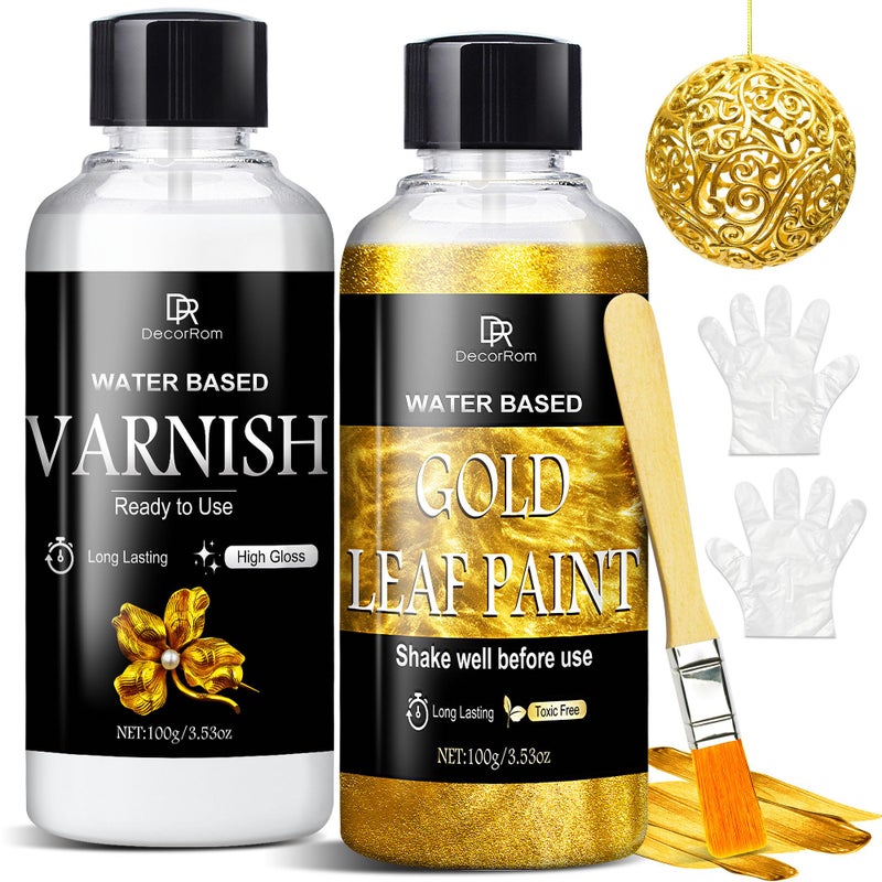 Liquid Gold Leaf Paint Kit 353oz Ultra Shiny Quick Dry Metallic Gilding Paint High Gloss Finish with Varnish NonToxic Waterproof Gold Leaf Paint for Crafts Resin Art DIY Furniture Wood