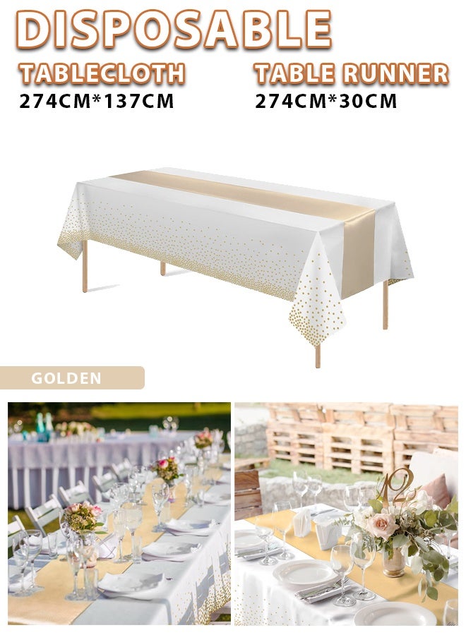 بوكسفالزور مفرش طاولة وعلم طاولة للاستخدام مرة واحدة، طقم مفرش طاولة أبيض وذهبي مع مفرش ساتان - 54 × 108 بوصة، متين وأنيق، سهل التنظيف، مثالي للطاولات المستديرة/المستطيلة - مثالي لحفلات الزفاف والحفلات والتجمعات العائلية - Image 1