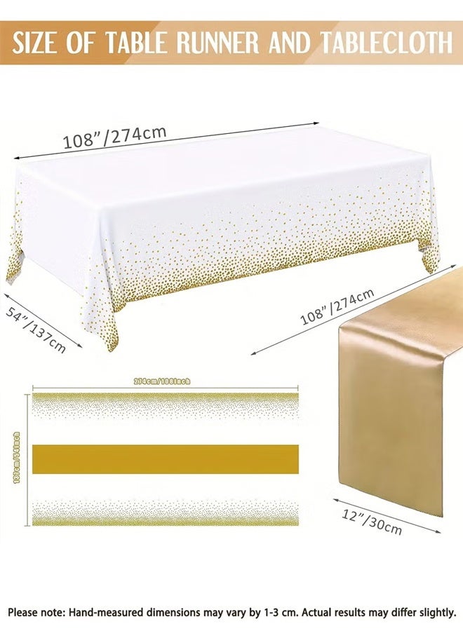 بوكسفالزور مفرش طاولة وعلم طاولة للاستخدام مرة واحدة، طقم مفرش طاولة أبيض وذهبي مع مفرش ساتان - 54 × 108 بوصة، متين وأنيق، سهل التنظيف، مثالي للطاولات المستديرة/المستطيلة - مثالي لحفلات الزفاف والحفلات والتجمعات العائلية - Image 2