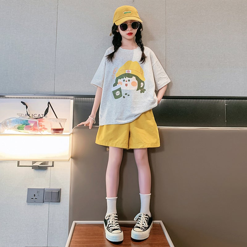 Girls Summer Short-sleeved Shorts Sportswear suit Childrens Fashionable Western Style Summer Korean Casual Summer Clothes Yellow 