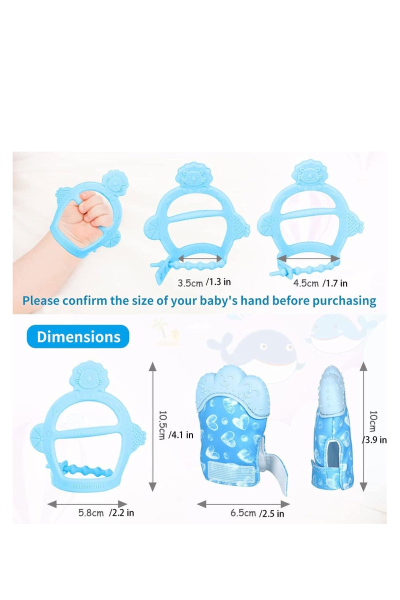 Flushrenic 2pcs Baby Teething Set, Includes Chew Toy and Teething Glove, Chew Toys for Baby Boys and Girls, to Prevent Finger Sucking, The teething mitten set both perfectly sized for babies aged 0-6 months，The gloves are designed with cutouts -Blue - Image 2