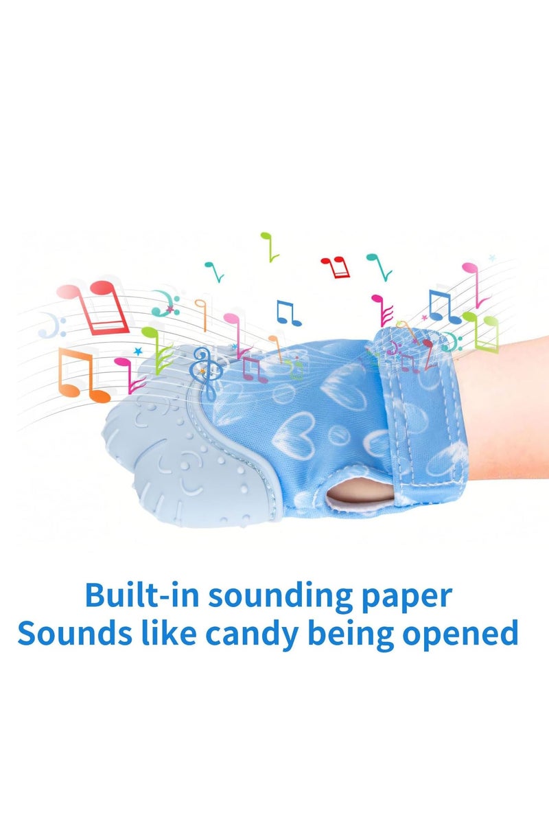 Flushrenic 2pcs Baby Teething Set, Includes Chew Toy and Teething Glove, Chew Toys for Baby Boys and Girls, to Prevent Finger Sucking, The teething mitten set both perfectly sized for babies aged 0-6 months，The gloves are designed with cutouts -Blue - Image 3
