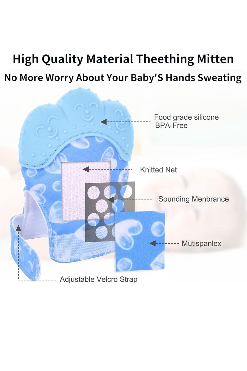 Flushrenic 2pcs Baby Teething Set, Includes Chew Toy and Teething Glove, Chew Toys for Baby Boys and Girls, to Prevent Finger Sucking, The teething mitten set both perfectly sized for babies aged 0-6 months，The gloves are designed with cutouts -Blue - Image 4