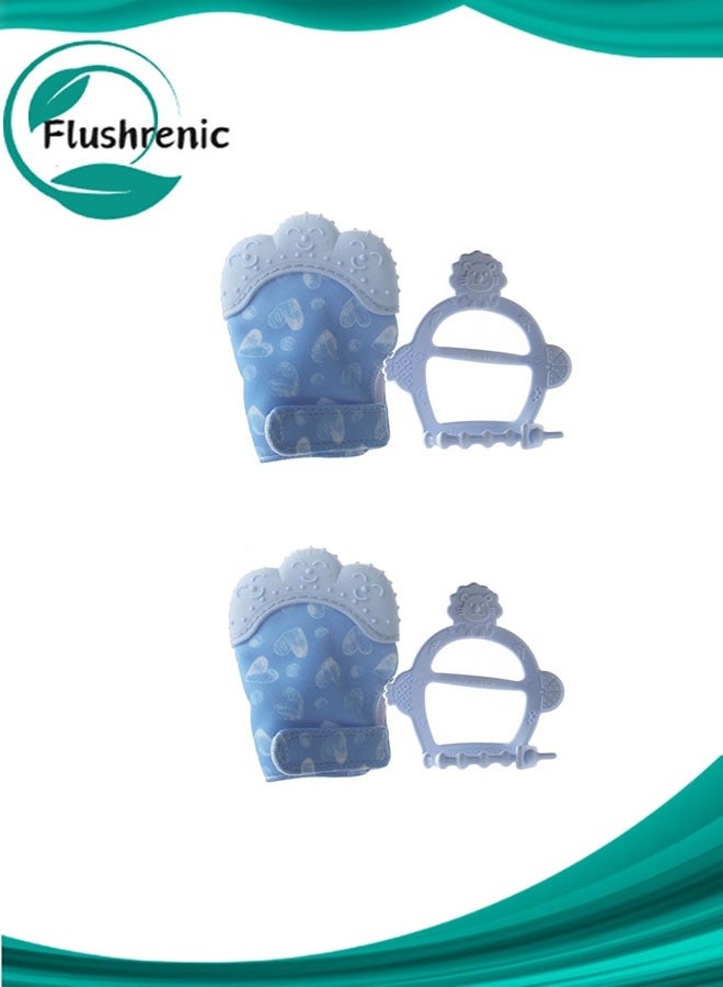 Flushrenic 2pcs Baby Teething Set, Includes Chew Toy and Teething Glove, Chew Toys for Baby Boys and Girls, to Prevent Finger Sucking, The teething mitten set both perfectly sized for babies aged 0-6 months，The gloves are designed with cutouts -Blue - Image 1