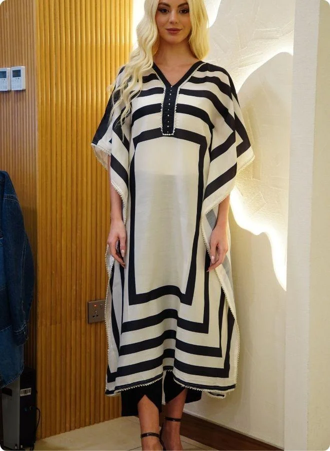 #Be Black and White Geometric Stripe Kaftan Set