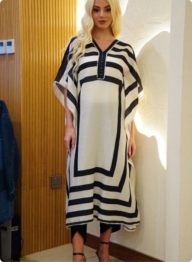 #Be Black and White Geometric Stripe Kaftan Set