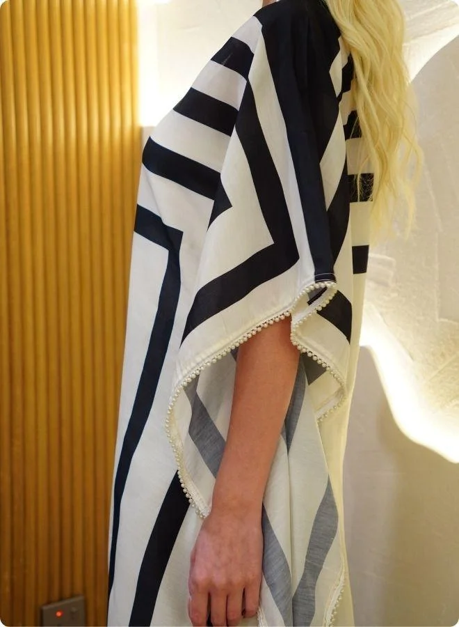 #Be Black and White Geometric Stripe Kaftan Set