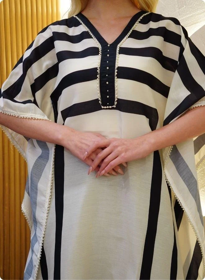 #Be Black and White Geometric Stripe Kaftan Set