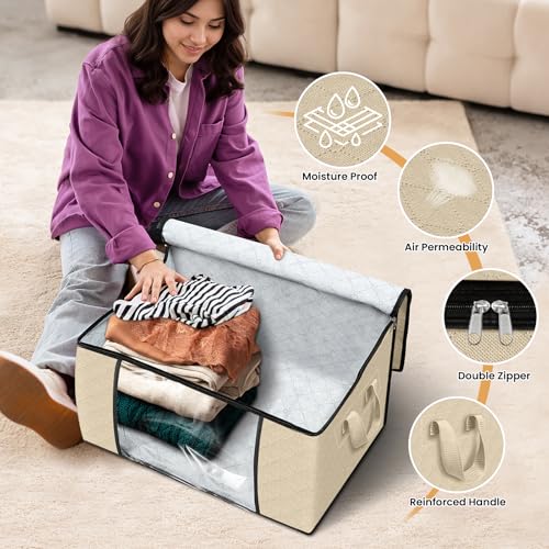 Fab totes 4 Pack Clothes Storage, Foldable Thick Fabric Blanket Storage Bags, Containers for Organizing Bedroom, Closet, Clothing, Comforter, Organization with Handle,Beige - Image 4