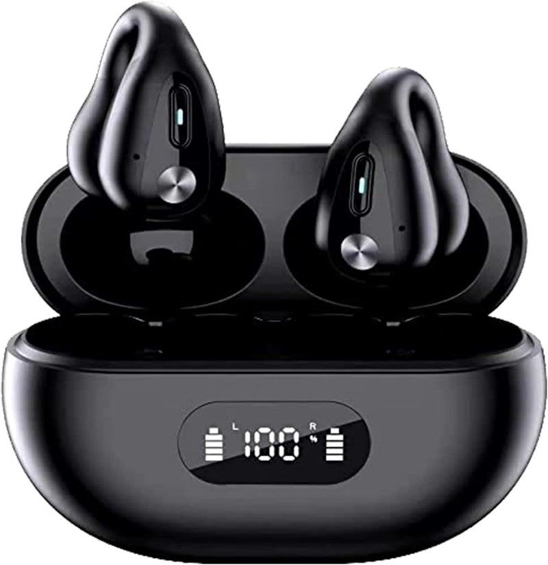 woobles Wireless Bone Ear Clip Conduction Headphones,Wireless Bone Headphones, Mini Bone Conduction Headset, Open Ear Headphones Bluetooth, Ear-Clip Bone Headphones (Black-with Screen) Black-with screen - Image 1