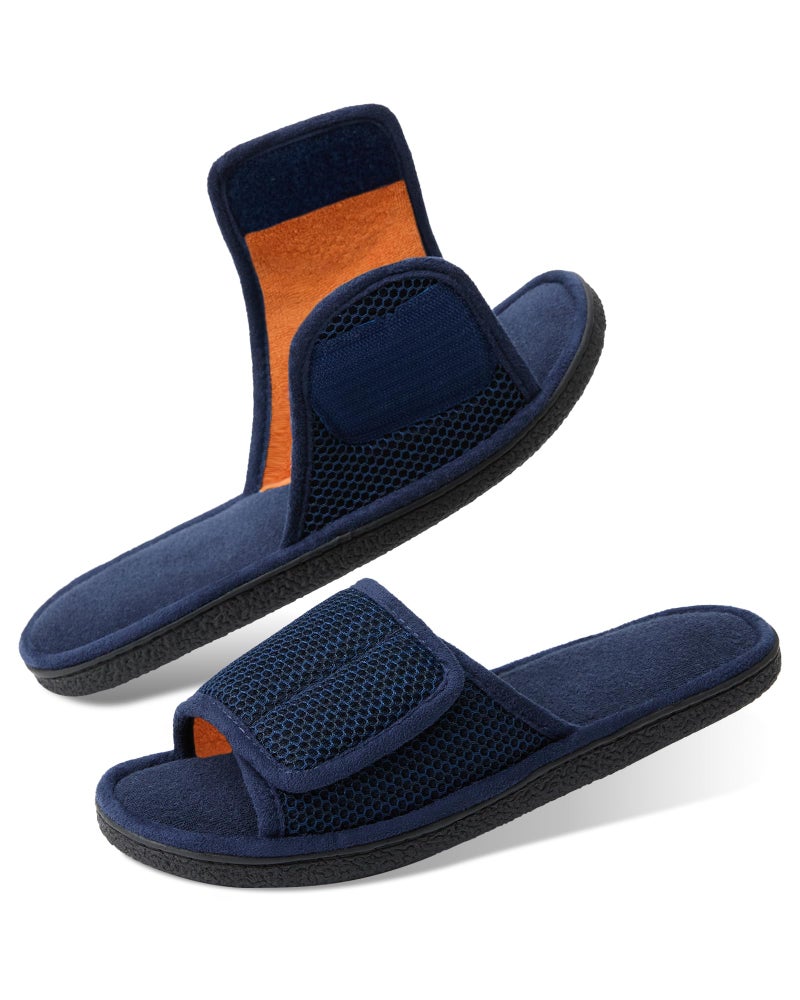 WALKFUN Adjustable House Slippers for Men Open Toe Breathable Indoor Slip on Mens Slides Sandals with Memory Foam for Bedroom,Patio(7-8,NAVY BLUE) - Image 2