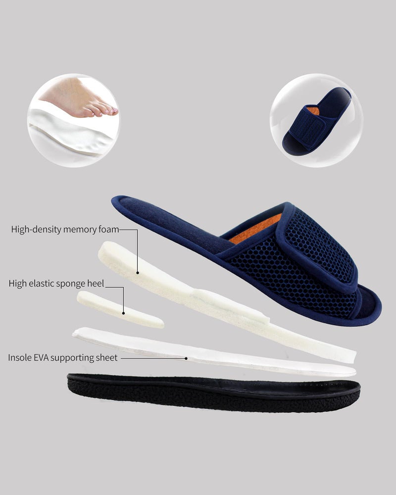 WALKFUN Adjustable House Slippers for Men Open Toe Breathable Indoor Slip on Mens Slides Sandals with Memory Foam for Bedroom,Patio(7-8,NAVY BLUE) - Image 4