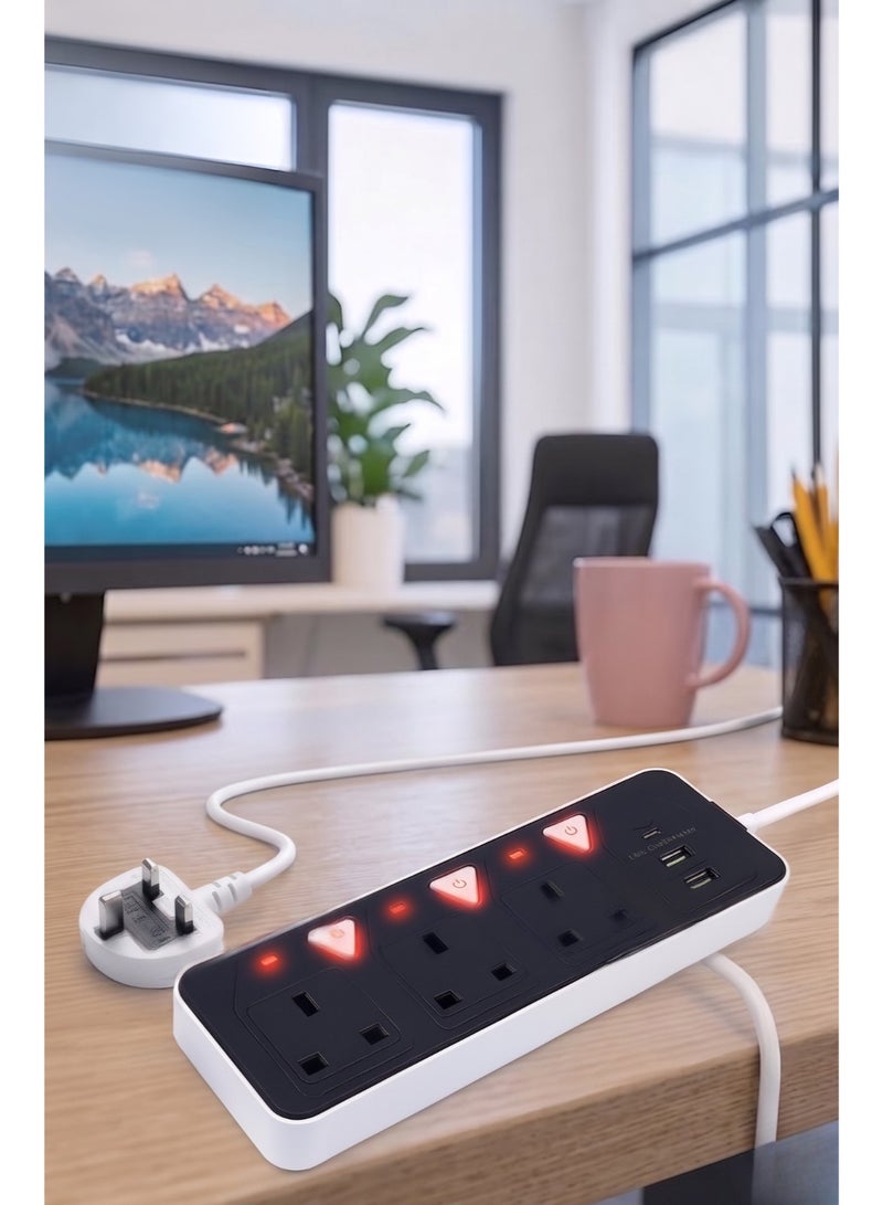 توصيلة كهربائية 6 في 1 بـ 3 مقابس و2 منفذ USB ومنفذ Type-C PD | شحن تلقائي 3.4 أمبير | توصيلة كهرباء 2500 واط | سلك بطول 5 متر | لوحة متعددة المقابس، سلك تمديد شديد التحمل - شحن سريع - Image 3