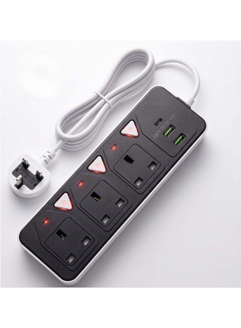 توصيلة كهربائية 6 في 1 بـ 3 مقابس و2 منفذ USB ومنفذ Type-C PD | شحن تلقائي 3.4 أمبير | توصيلة كهرباء 2500 واط | سلك بطول 5 متر | لوحة متعددة المقابس، سلك تمديد شديد التحمل - شحن سريع - Image 1