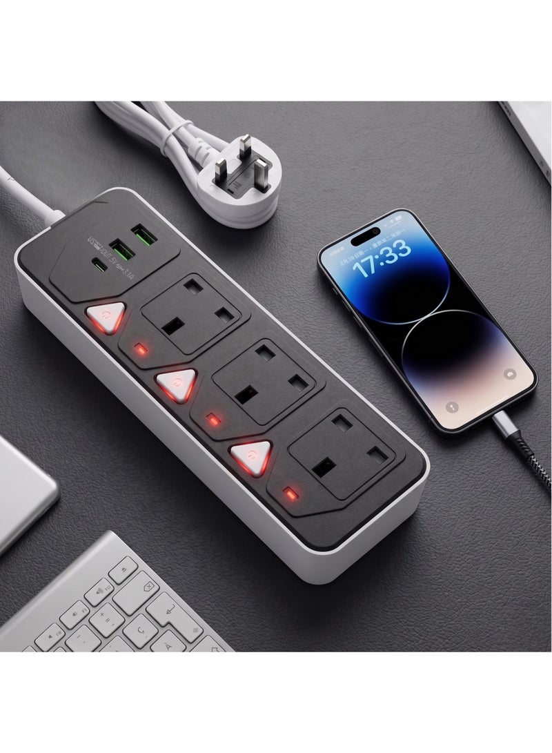 توصيلة كهربائية 6 في 1 بـ 3 مقابس و2 منفذ USB ومنفذ Type-C PD | شحن تلقائي 3.4 أمبير | توصيلة كهرباء 2500 واط | سلك بطول 5 متر | لوحة متعددة المقابس، سلك تمديد شديد التحمل - شحن سريع - Image 2