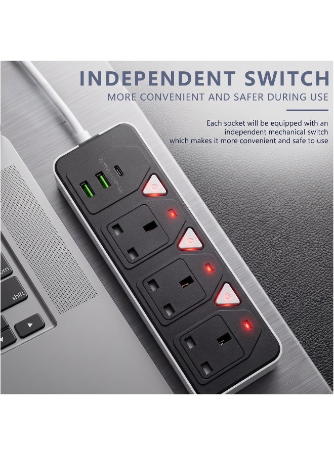 توصيلة كهربائية 6 في 1 بـ 3 مقابس و2 منفذ USB ومنفذ Type-C PD | شحن تلقائي 3.4 أمبير | توصيلة كهرباء 2500 واط | سلك بطول 5 متر | لوحة متعددة المقابس، سلك تمديد شديد التحمل - شحن سريع - Image 4
