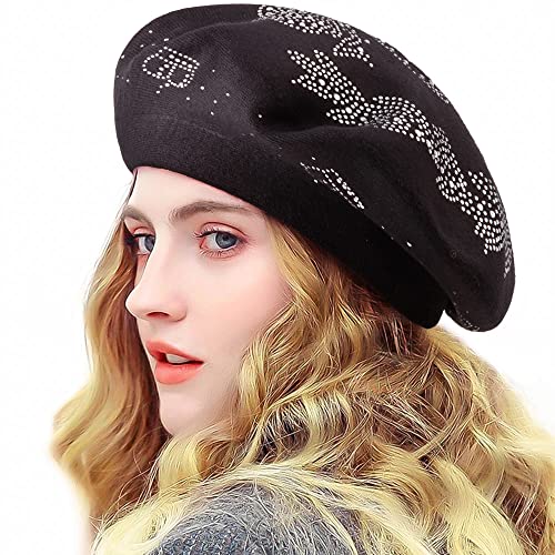 LADYBRO Beret Women Winter Warm Hat for Lady Knit Cap Barrette (Black-Top Rhinestones) - Image 1