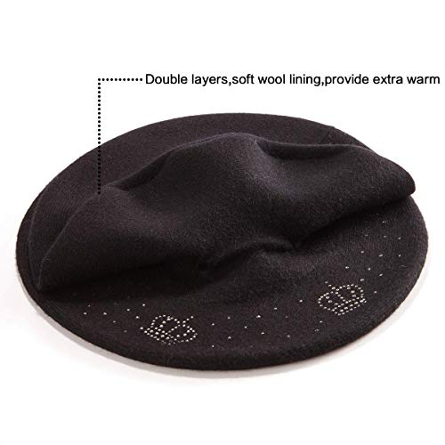 LADYBRO Beret Women Winter Warm Hat for Lady Knit Cap Barrette (Black-Top Rhinestones) - Image 3