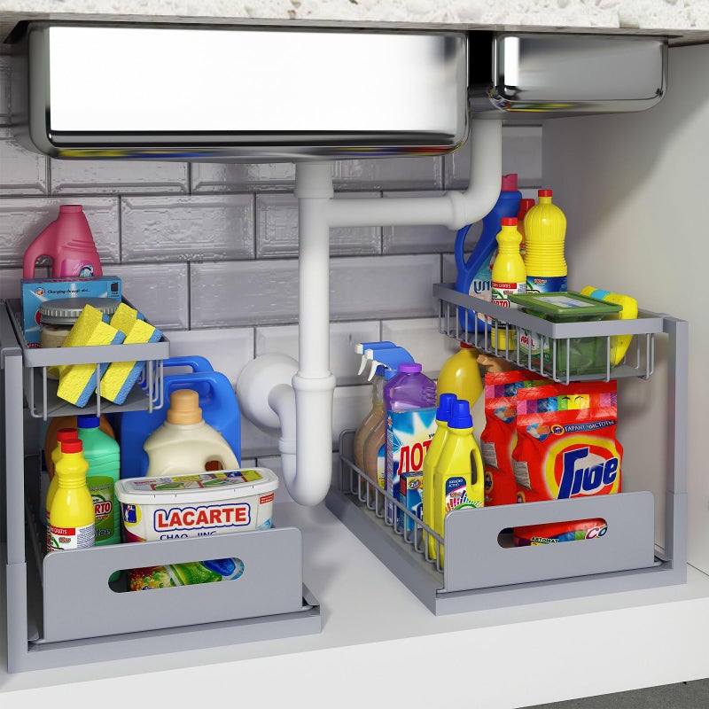 REALINN Under Sink Organizer, Pull Out Cabinet Organizer 2 Tier Slide Out Sink Shelf Cabinet Storage Shelves, Storage for Kitchen Bathroom, Grey, 2 Pack - Image 1