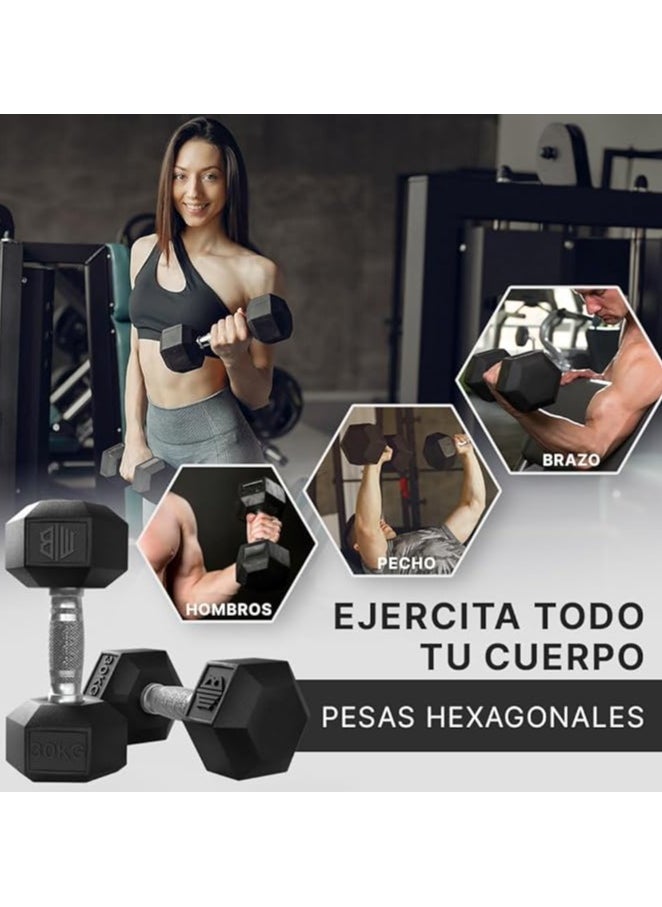 Generic - ManiBoom Professional Ergonomic and Non-Slip Rubber Hex Dumbbells with Chrome Bar – Dumbbells and Dumbbells Various Kilos 10 kg 15 kg 20 kg 25 kg 30 kg – Exercise Set - Image 1