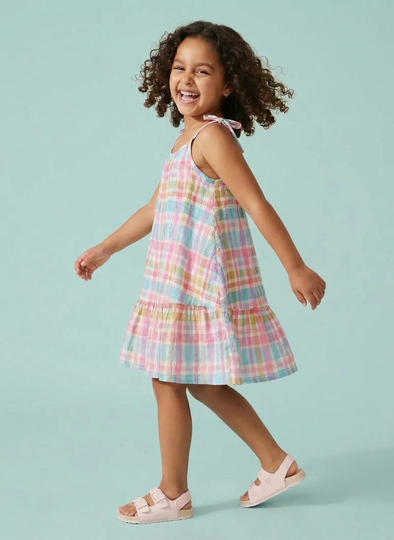 Nautinati Nautinati Girls' Cotton A-line Pastel Gingham Chequered Strappy A-line Drop Waist Dress