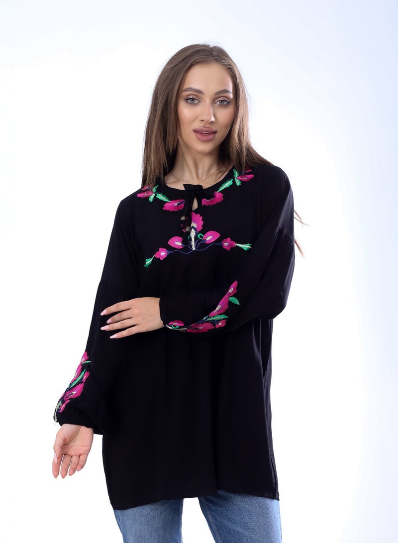 BEBO Women's long sleeve blouse with embroidery_Black  - Image 1