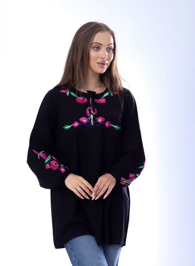 BEBO Women's long sleeve blouse with embroidery_Black  - Image 2