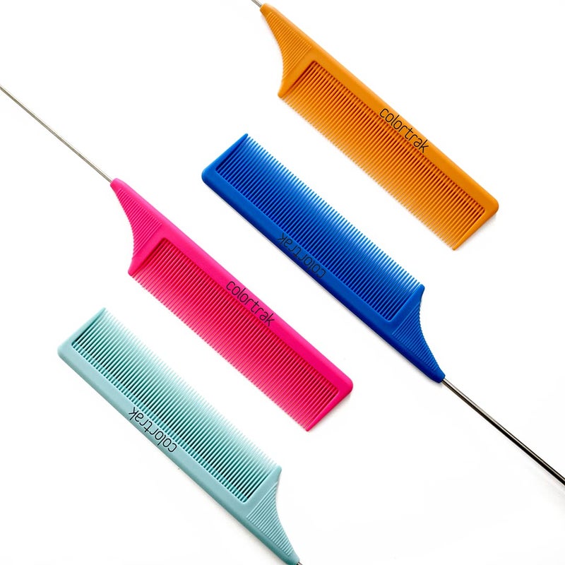 Colortrak Carbon Fiber Combs Durable HeatProof Comb AntiStatic to Prevent Frizz Bleach Safe Stainless Steel Pintail 4pc Bag Orange Teal Blue Pink