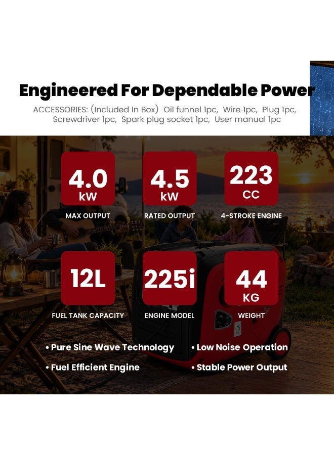 AFRA Silent Inverter Generator 4500W, 4KW Rated Power Petrol Generator, Remote Electric Start, Portable Backup Generator, Low Noise 68dB, 223cc Engine, 12L Fuel Tank, 1 Year Warranty, AFT-4500SIPG-B - Image 4