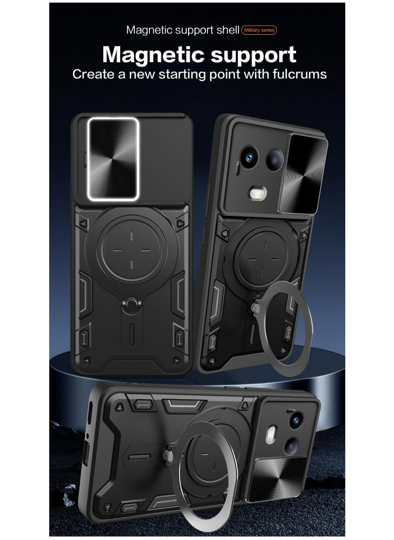 TEAM LUXURY Xiaomi Redmi Note 13 Pro Plus 5G Black Mobile Phone Case Cover, Slide Camera Lens Cover, 360°Rotating Kickstand Ring, Bumper Shockproof Phone Case，Compatible with Car Magnetic Mount  - Image 3