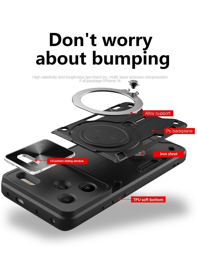 TEAM LUXURY Xiaomi Redmi Note 13 Pro Plus 5G Black Mobile Phone Case Cover, Slide Camera Lens Cover, 360°Rotating Kickstand Ring, Bumper Shockproof Phone Case，Compatible with Car Magnetic Mount  - Image 5