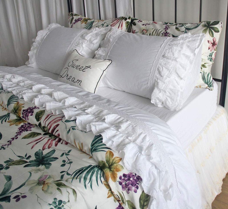 QSH Luxury Lace Ruffle Sheets Set Queen Size French Country Bedding 100% Washed Cotton Vintage Bed Sheet Set 4pcs Deep Pockets Ruffled Bed Sheets - Image 5