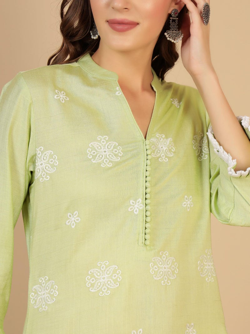 SHOPPING QUEEN Women's Viscose Embroidered Kurta Set with Dupatta (A642_Pastel Green_XL) - Image 4
