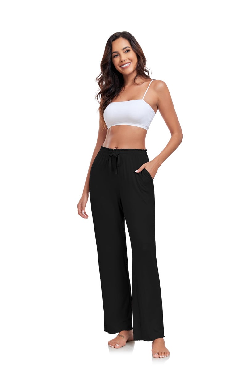 COLORFULLEAF Women's Bamboo Rayon Pajamas Pants Wide Leg Yoga Pants Casual Loose Cozy Sweatpants with Pockets (Black&White&Light Grey, M) - Image 4