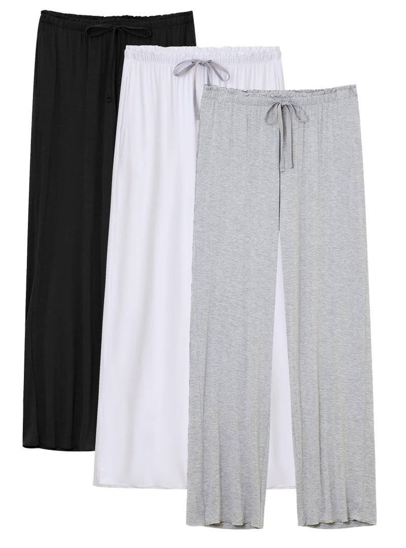 COLORFULLEAF Women's Bamboo Rayon Pajamas Pants Wide Leg Yoga Pants Casual Loose Cozy Sweatpants with Pockets (Black&White&Light Grey, M) - Image 1