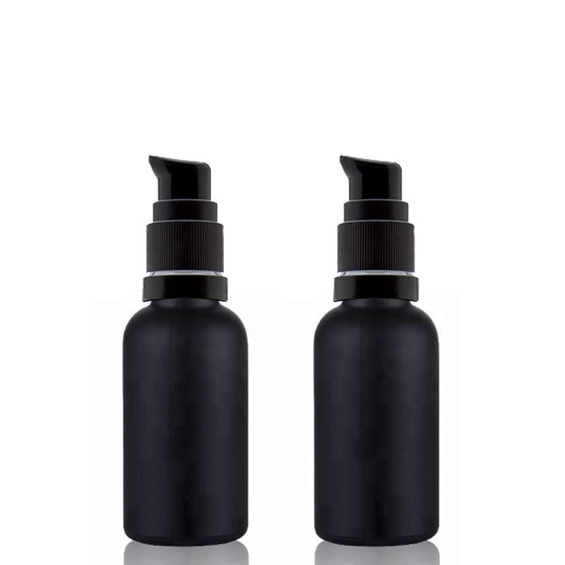 Devinez Multipurpose Black Color Matt Finish Round Glass Bottle 30 ml with Black Lotion Pump Cap Pack of 2 for Beauty Essential Oils Blends Skin Care Travel Toners Cosmetic DIY - Image 1