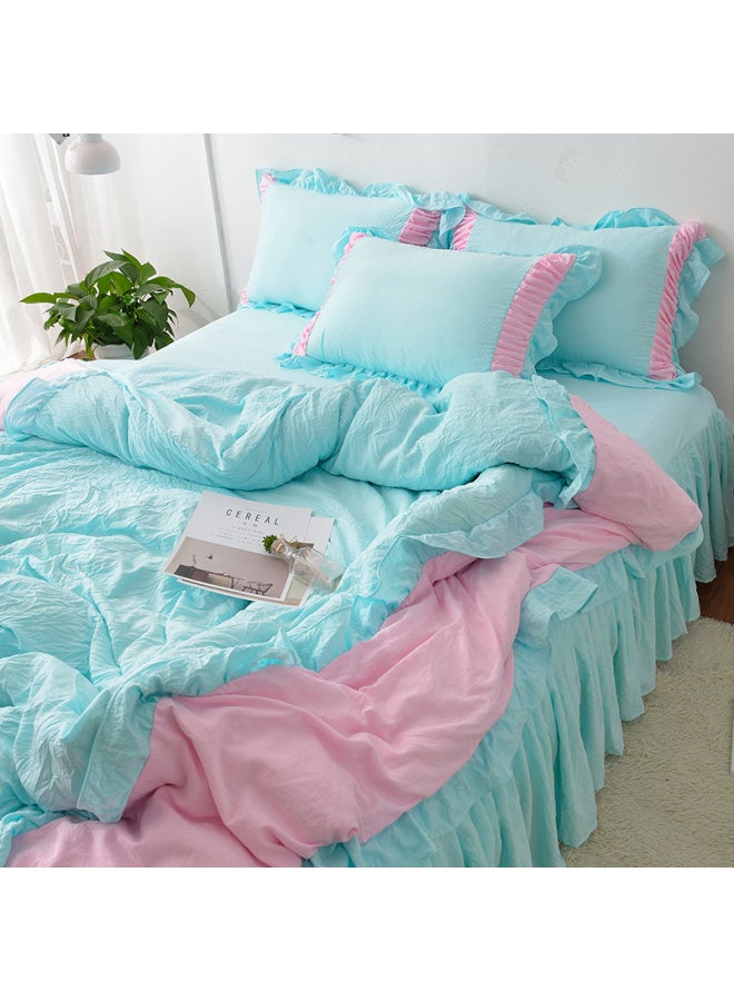 Generic # 7N Washed Cotton Quilt Cover Single Piece Three Four Pieces Solid Color Single Dormitory Double 1.8x 2.2 Pure Cotton Quilt Cover-Color:Washed Cotton Blue-pink [class A Maternal And Infant Grade Fabric, Super Soft And Soft]-Specifications:1.5m Bed Skirt Four-piece Set (quilt Cover 1.5*2.0) - Image 1