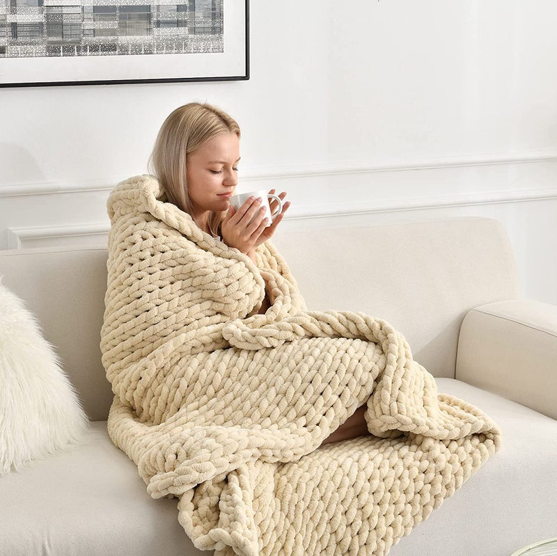 Maetoow Tighter Version Chenille Chunky Knit Blanket Throw 4050 Inch Handmade Warm Cozy Blanket Couch Bed Home Decor Soft Fleece Banket Boho Thick Blankets and Giant Yarn ThrowsBeige
