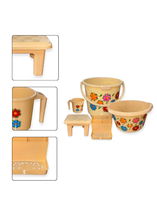 إس إن إتش طقم حمام | ٥ قطع إكسسوارات حمام بلاستيكية | دلو ماء، حوض استحمام، كوب استحمام، مقعد استحمام، حامل سلة تخزين | مجموعة أدوات تنظيم حمام منزلية متينة - Image 2