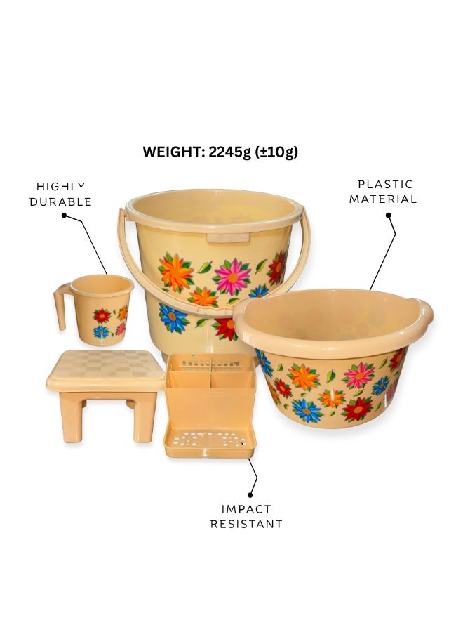 إس إن إتش طقم حمام | ٥ قطع إكسسوارات حمام بلاستيكية | دلو ماء، حوض استحمام، كوب استحمام، مقعد استحمام، حامل سلة تخزين | مجموعة أدوات تنظيم حمام منزلية متينة - Image 1