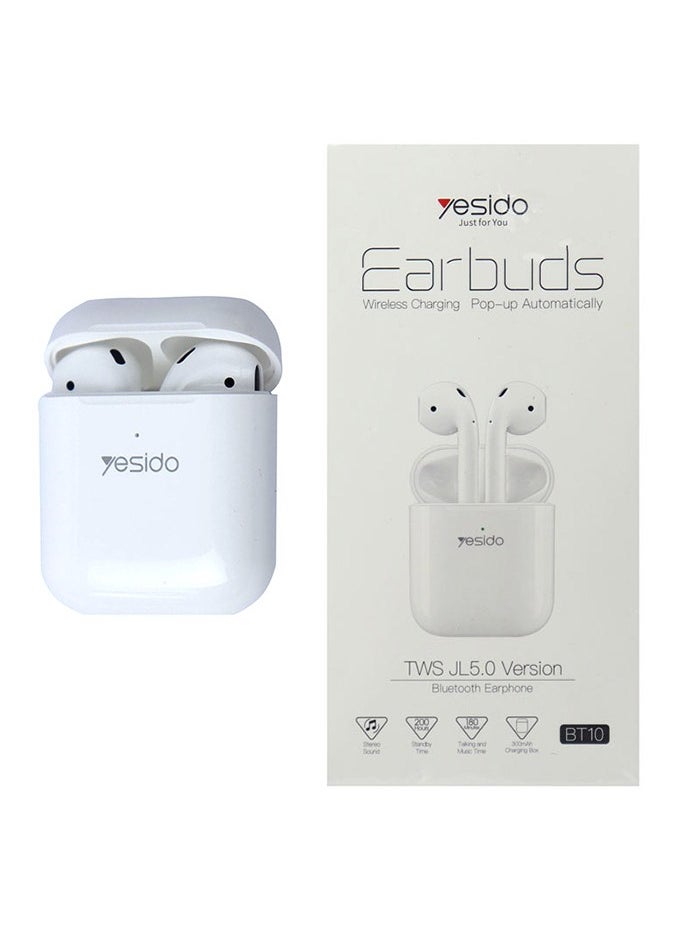 BT10 TWS Wireless Earphone / Noise Canceling / Stereo Sound / Wireless Charging / 180 Minute Talking and Music Time / 200 Hours Standby / LED indicator to display charging status / 15 Meter Transmission Range - White