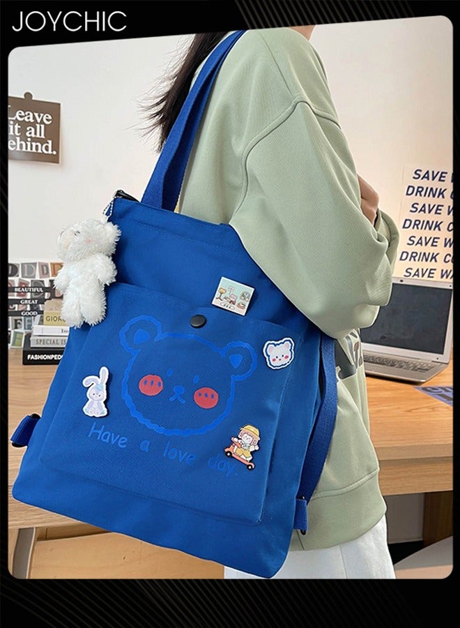 Joychic Lovely Bear Printed Canvas Bag Large Capacity Casual Student Backpack Multifunction Tote Bag with Cartoon Pendant Blue for Middle High School Students - Image 1
