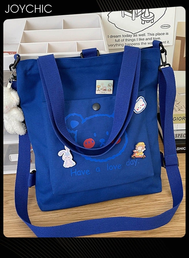 Joychic Lovely Bear Printed Canvas Bag Large Capacity Casual Student Backpack Multifunction Tote Bag with Cartoon Pendant Blue for Middle High School Students - Image 2