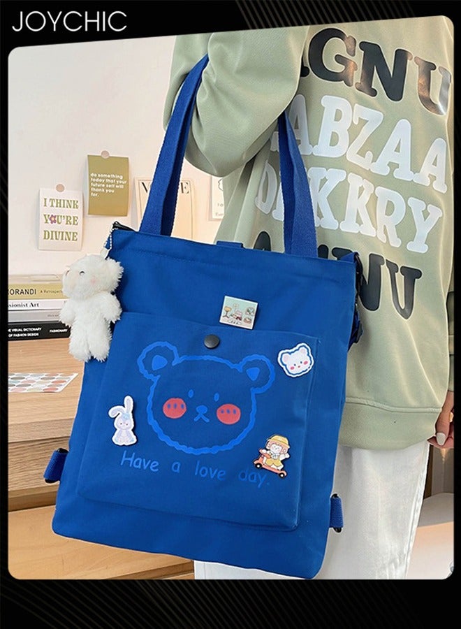 Joychic Lovely Bear Printed Canvas Bag Large Capacity Casual Student Backpack Multifunction Tote Bag with Cartoon Pendant Blue for Middle High School Students - Image 3