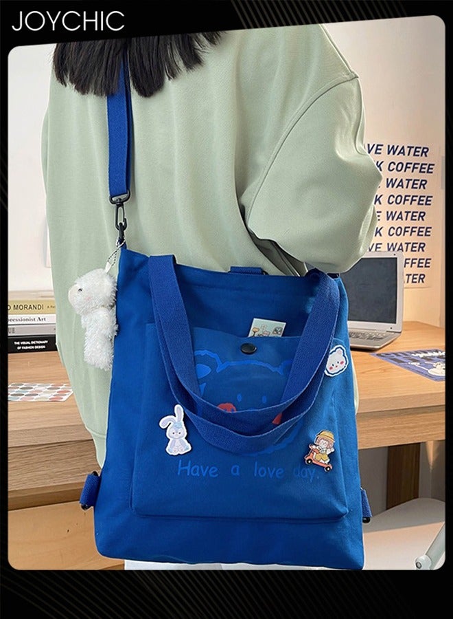 Joychic Lovely Bear Printed Canvas Bag Large Capacity Casual Student Backpack Multifunction Tote Bag with Cartoon Pendant Blue for Middle High School Students - Image 4